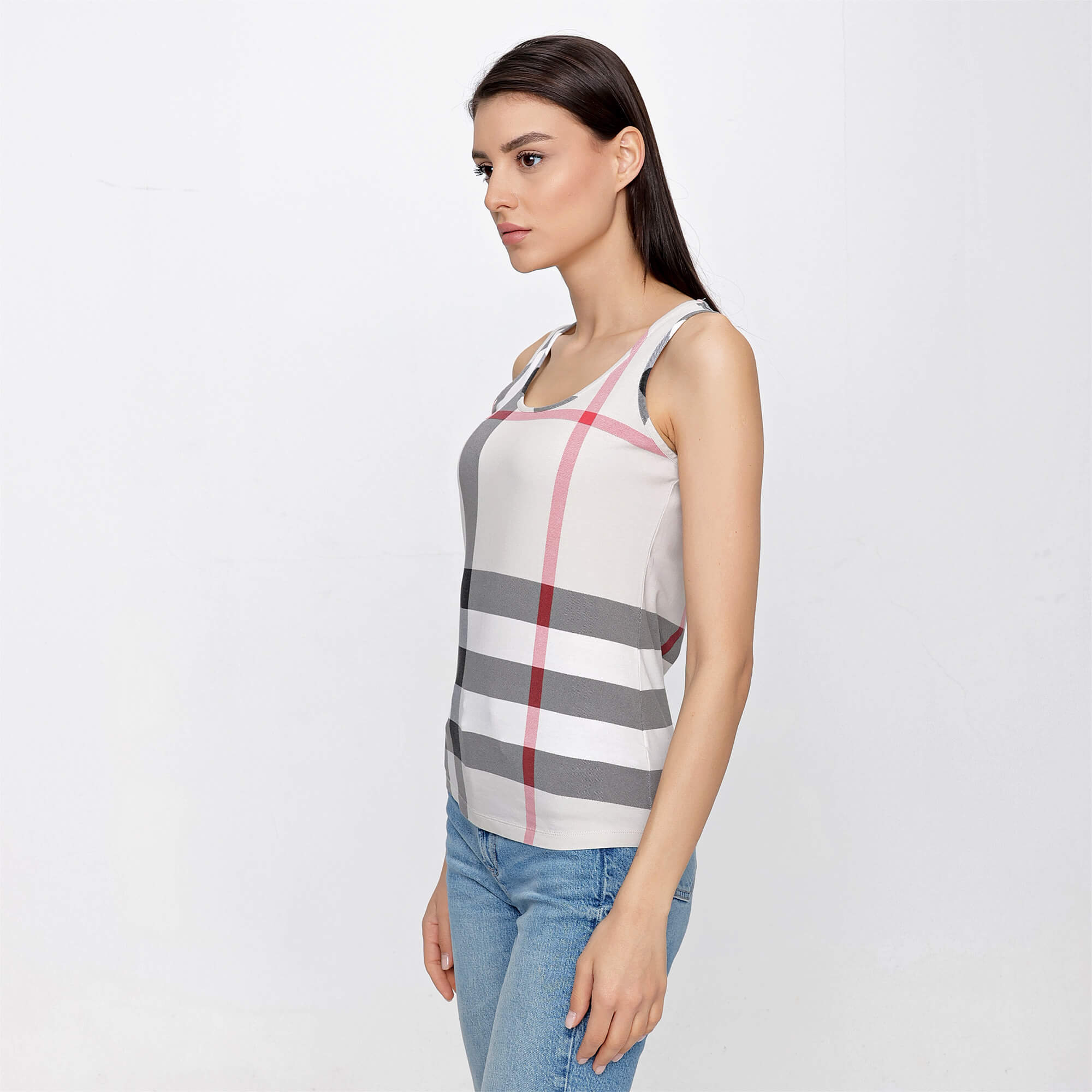 Burberry - Beige Cotton Blend Check Print Tank Top